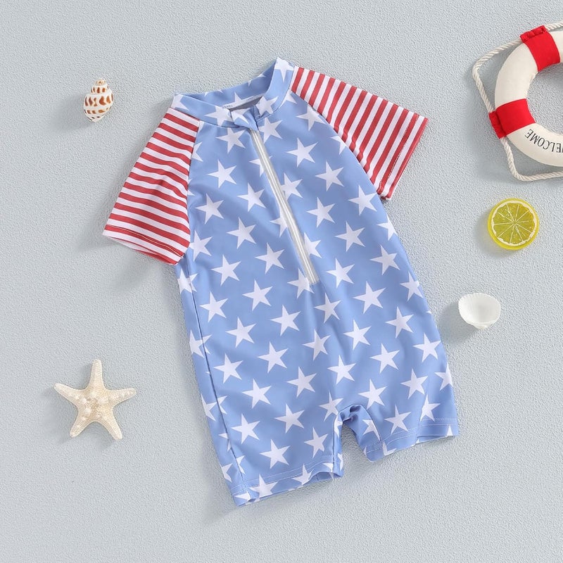 Fuethsuy 4th of July Baby Boy Swimsuit American Flag Zipper Swimwear Short Sleeve Rash Guard Sunsuit One Piece Bathing Suit - Image 3